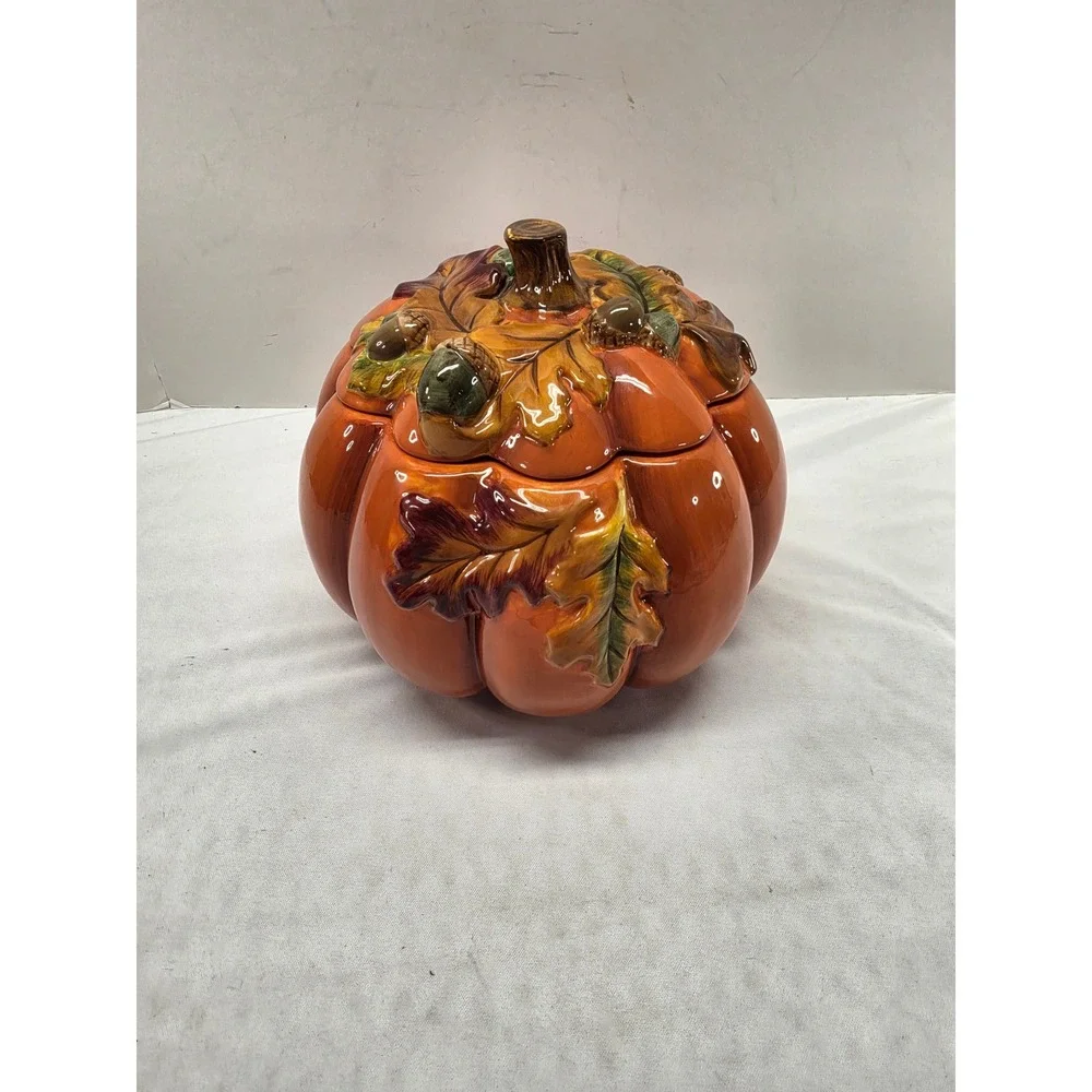 Ceramic Pumpkin Cookie Jar Fall Harvest Orange Glazed Lidded Canister Acorn Leaf